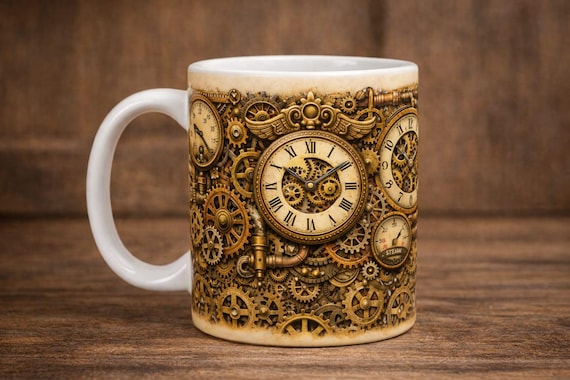 Steampunk Clock Mug – Vintage Gears Coffee Cup – Retro Industrial Timepiece Design