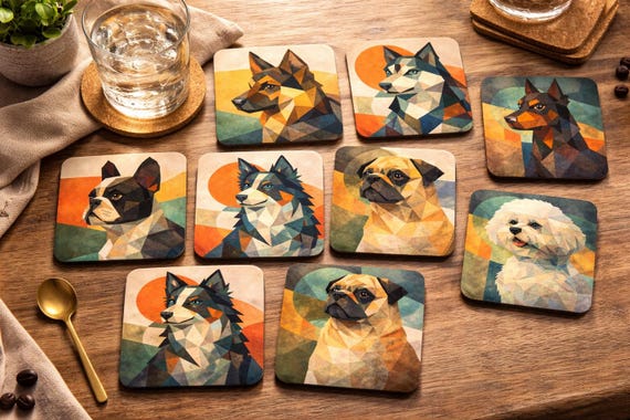 Geometric Dog Breed Coasters: Low Poly Dog Art, Modern Retro Home Decor