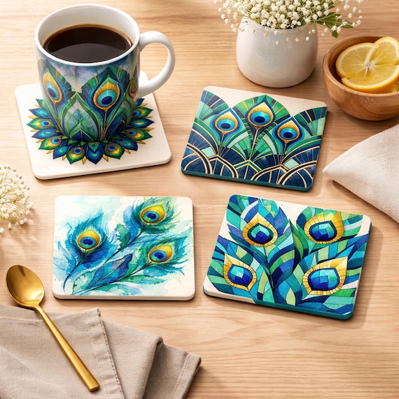 Peacock Feather Coaster Set, Boho Mandala Art Deco Drink Coasters, Watercolour Nature Table Coast