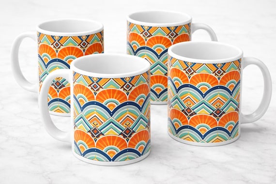 Art Deco Coffee Mugs – Set of 4 | Colourful Geometric Sunburst Design | Retro Ceramic Mug Set