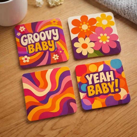 Retro 70s Flower Power Coasters – Groovy Baby, Yeah Baby Drinks Set