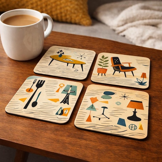 Mid Century Modern Coasters, Retro Atomic Design, 1950s Style Drinkware Set (Set of 4)