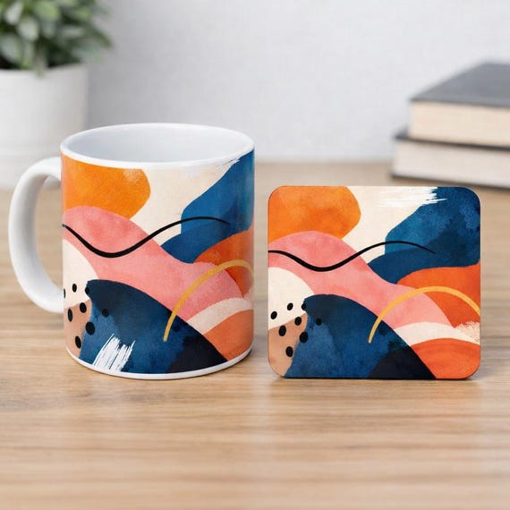 Abstract Art Mug and Coaster Set – Colourful Ceramic Coffee Cup Gift
