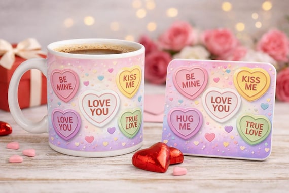 Valentines Love Hearts Mug and Coaster Set Candy Heart Design Romantic Gift for Her