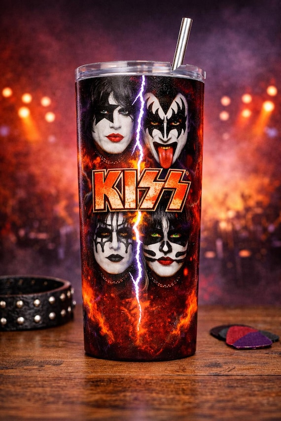 KISS Inspired 20oz Slim Tumbler Rock Band Cup Heavy Metal Drinkware Music Fan Gift