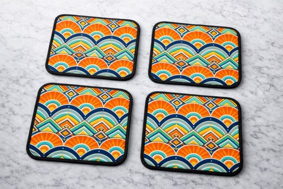 Art Deco Coasters – Set of 4 | Colourful Geometric Sunburst Design | Retro Drinks Coasters