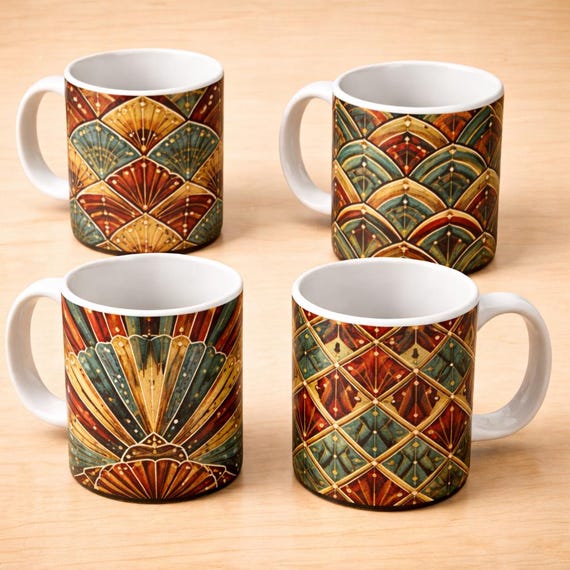 Art Deco Ceramic Mug Set – Teal, Ochre & Amber Geometric Design