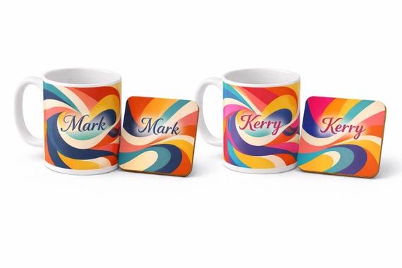 Personalised or Plain Retro Swirl Mug and Coaster Set Custom Name Gift