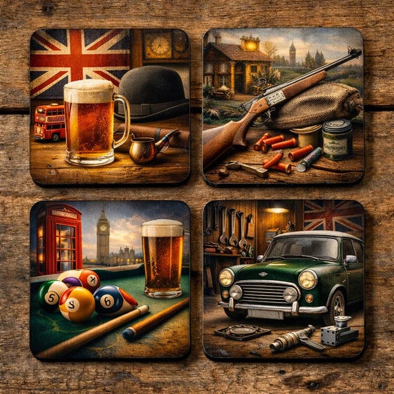 British Vintage Coasters Set of 4, Man cave, office