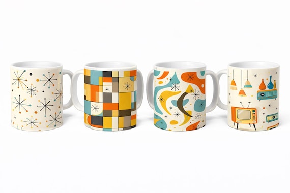 Mid Century Modern Ceramic Mugs – Retro Atomic Starburst Geometric Designs