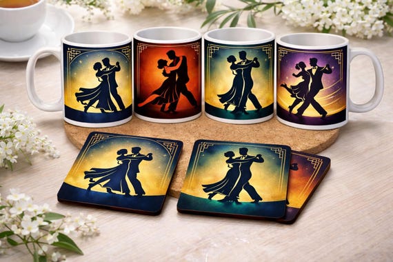 Ballroom Dance Mugs & Coaster Sets – Elegant Retro Silhouette Designs