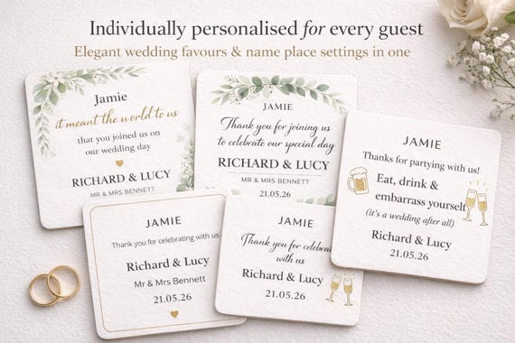 Personalised Wedding Coasters, Custom Name Place Settings, Elegant Guest Favours