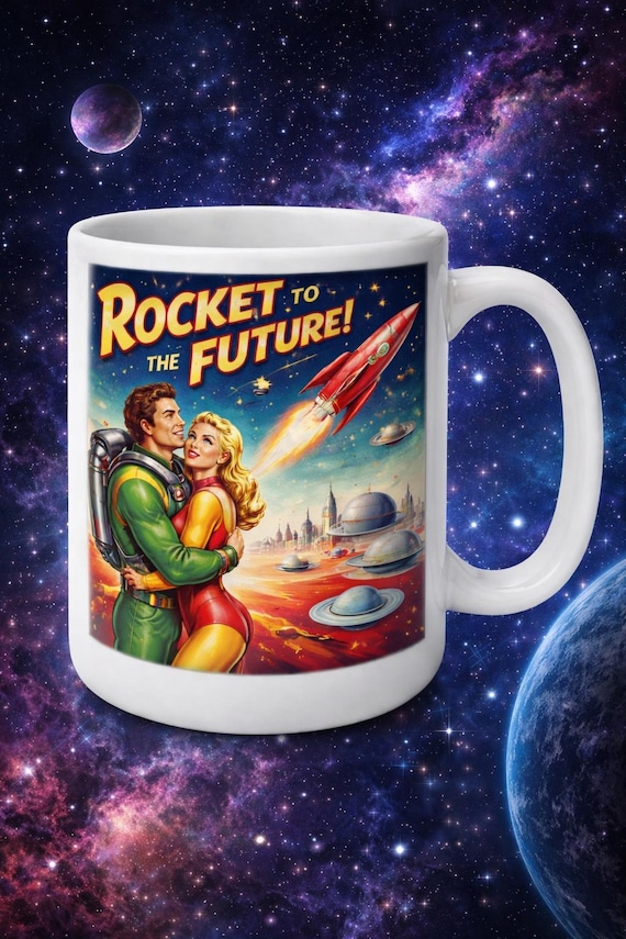 Retro 1950s Space Age Mug – “Rocket to the Future” Vintage Sci-Fi Coffee Cup – Space Themed Gift for Sci-Fi Lovers
