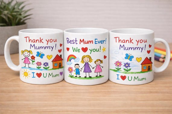 Thank You Mummy Mug – Child Drawing Style Mother’s Day Gift | Cute Kids Artwork Coffee Cup | I Love You Mum Present | Colourful Family Gift
