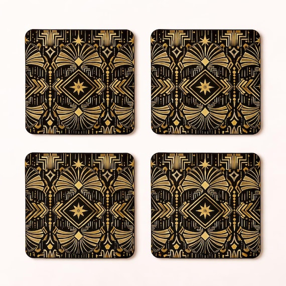 Art Deco Coaster Set of 4 – Luxury Drinks Coasters – Geometric Home Décor – Retro Tableware – Housewarming Gift