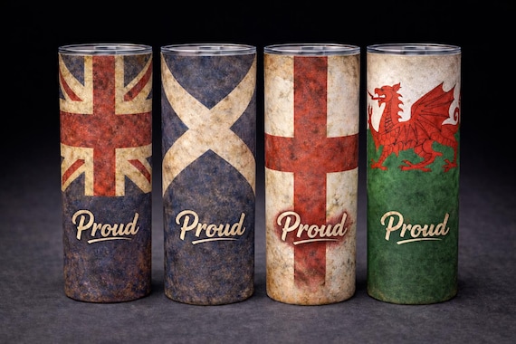 Proud UK Flag 20oz Slim Tumbler – Union Jack, England, Scotland or Wales – Distressed Vintage Design