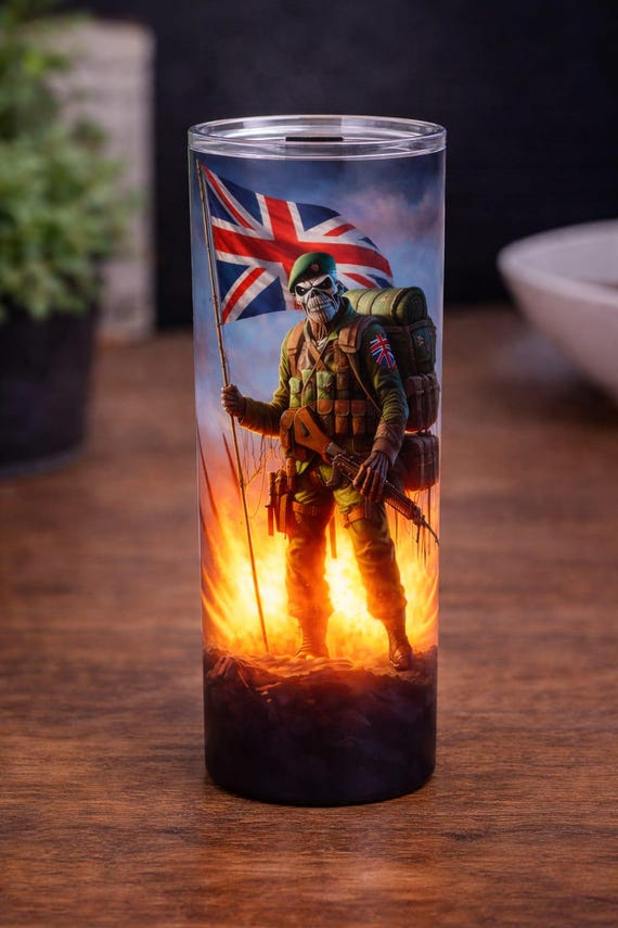 British Soldier Skull Tumbler | 20oz Stainless Steel Travel Cup | Union Jack Military Gift | Veteran Patriot Drinkware |