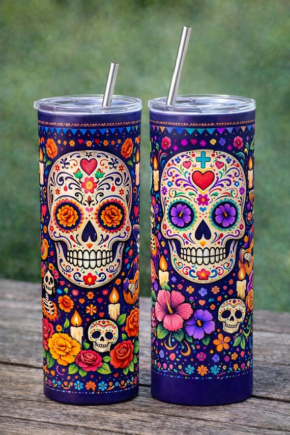 Day of the Dead Sugar Skull Tumbler | Colourful Floral Skull 20oz Skinny Tumbler | Gothic Gift | Halloween Cup | Reusable Cold Cup