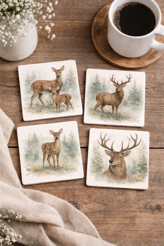 Set of 4 Watercolour Deer Coasters: Stag, Doe, Fawn Woodland Nature Home Decor