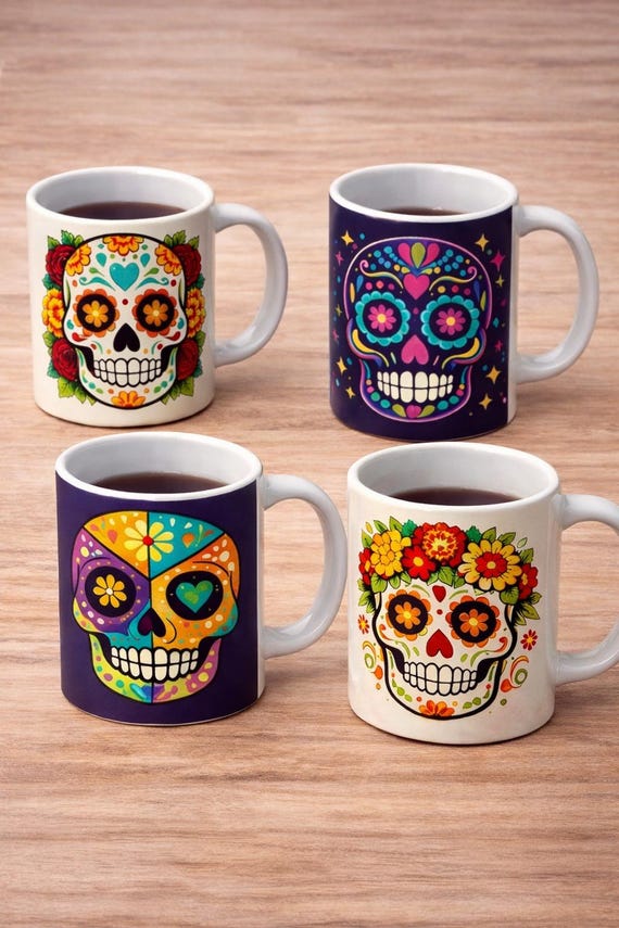 Sugar Skull Mug Set – Day of the Dead Coffee Mug – Colourful Skull Gift–Gothic Floral Mug – Matching Coaster Mug Design – Dia de los Muertos