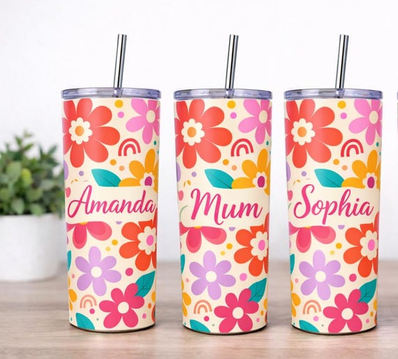 Personalised Floral Tumbler 20oz Custom Name Mum Bright Flower Cup Gift for Her