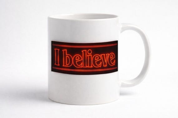Retro Neon "I Believe" Mug, 80s Sci-Fi Gift