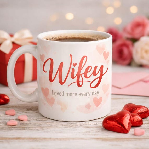 Wifey Valentines Mug Loved More Every Day Romantic Wife Gift Anniversary Coffee Cup