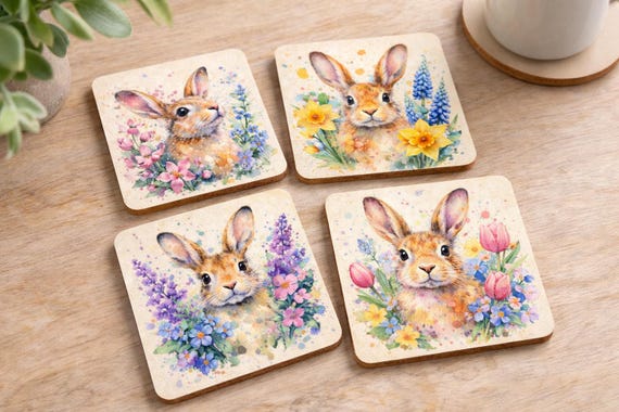 Spring Bunny Coasters – Set of 4 | Floral Rabbit Watercolour Art
