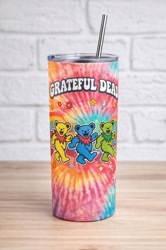 Grateful Dead Dancing Bears Tumbler – Tie Dye Psychedelic 20oz Skinny Cup
