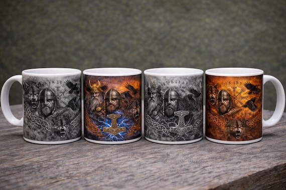 Viking Norse Mythology Mug | Thor Hammer Mjolnir Wolf Raven Design | Viking Warrior Coffee Cup