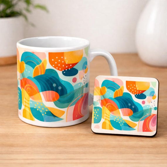 Colourful Abstract Mug and Coaster Set Modern Retro Pattern Gift