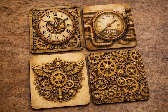 Steampunk Coaster Set, Vintage Gear Clock Drinkware, Industrial Retro Home Decor