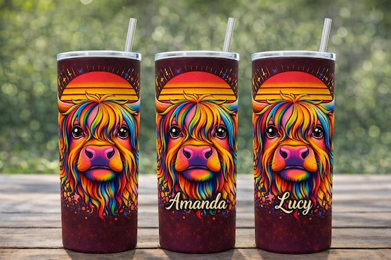 Personalised Retro Highland Cow Tumbler: Colourful Sunset Design, Custom Name Mug