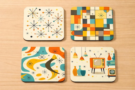 Mid Century Modern Coasters – Atomic Starburst Retro Drinkware Set – 1950s Geometric Boho Decor