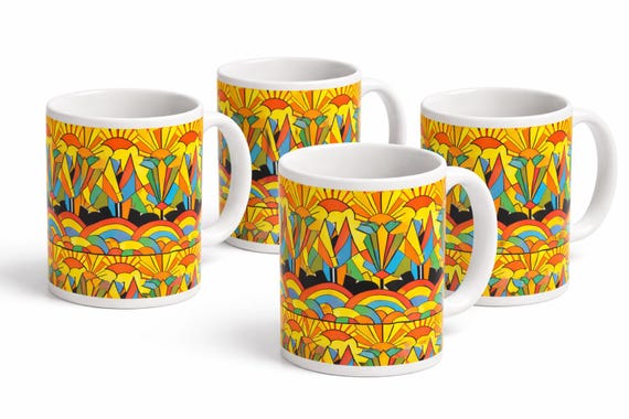 Art Deco Rainbow Mug Set – Set of 4 Colourful Ceramic Mugs