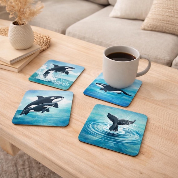 Orca Whale Coasters Set, Ocean Animal Artwork, Sea Life Drinkware, Coastal Home Décor