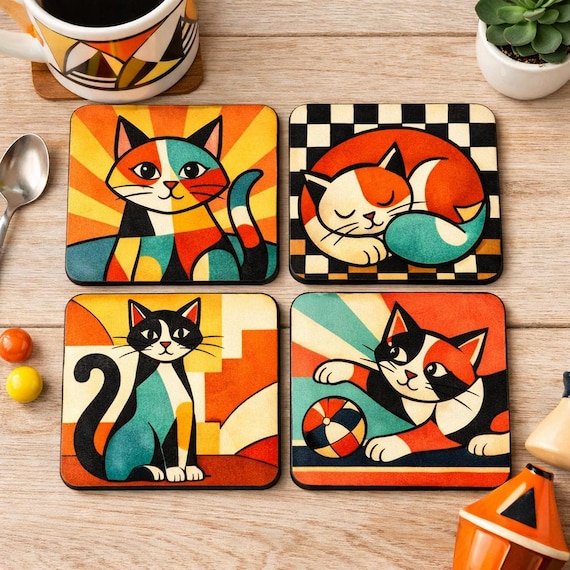 Retro Cat Coaster Set | Art Deco Geometric Cat Decor | Mid Century Style Home Accessories
