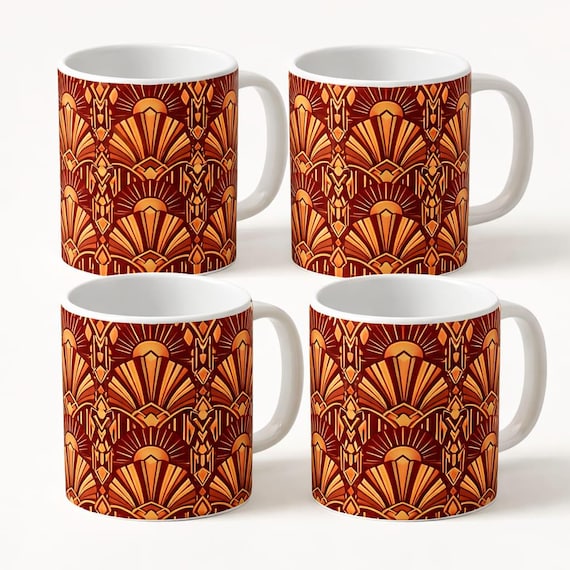 Art Deco Amber Mug | Luxury Coffee Cup | Vintage Gatsby Style Tea Mug | Elegant Ceramic Gift for Her & Him | 1920s Inspired set of 4