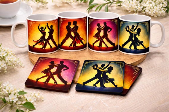 Latin Dance Mugs & Coaster Sets – Elegant Retro Silhouette Designs