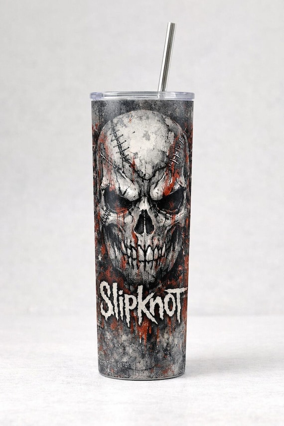 Slipknot Skull 20oz Skinny Tumbler – Heavy Metal Horror Tumbler Cup – Gothic Skull Sublimation Tumbler – Rock Music Gift
