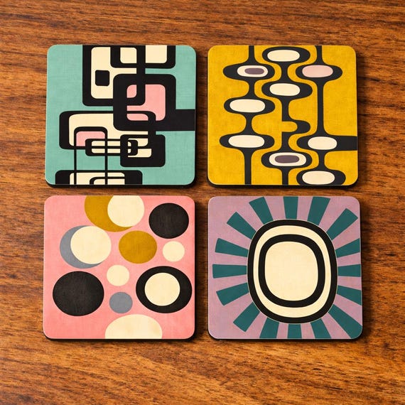 Mid Century Modern Coasters Set of 4 Retro Abstract Geometric Drinks Coasters