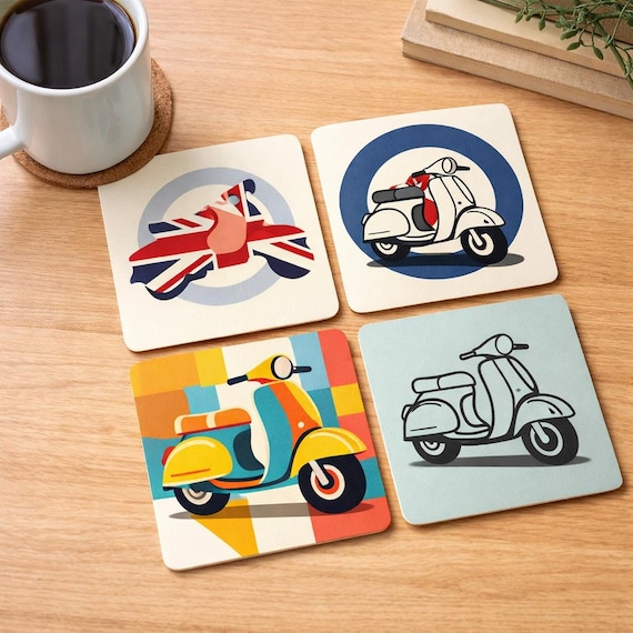 Retro Scooter Coasters, Mod Vespa Style, Mid Century Modern British Designs