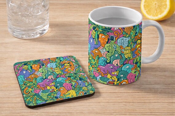 Whimsical Jungle Mug and Coaster Set, Abstract Art