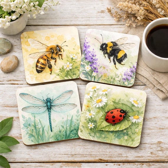 Watercolor Bee Insect Coasters, Pollinator Garden Drinkware, Bumblebee Dragonfly Ladybird Nature Decor