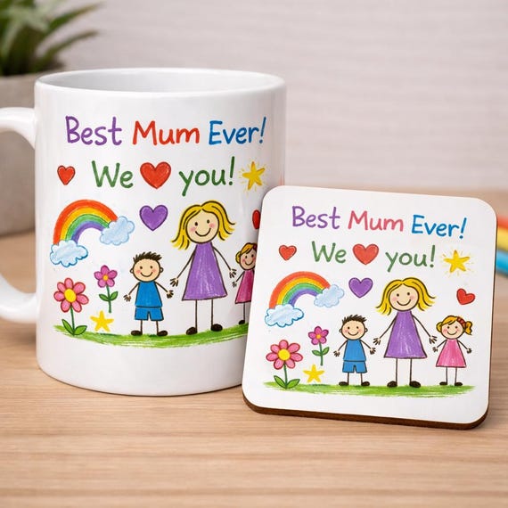 Thank You Mummy Mug & Coaster Set – Child Drawing Style Gift for Mum – Mother’s Day Gift from Kids – Cute Kids Artwork Mug – I Love You Mum