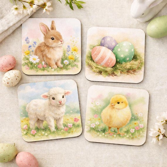 Watercolour Easter Coaster Set: Bunny, Lamb, Chick, Eggs – Spring Pastel Table Decor
