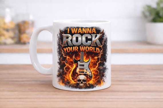 Rock Music Mug | I Wanna Rock Your World | Guitar Skull Fire Design | Rock Lover Gift