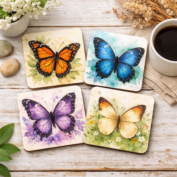 Watercolour Butterfly Coaster Set, Botanical Butterfly Drink Coasters, Floral Cottage Decor, Nature Inspired Gift
