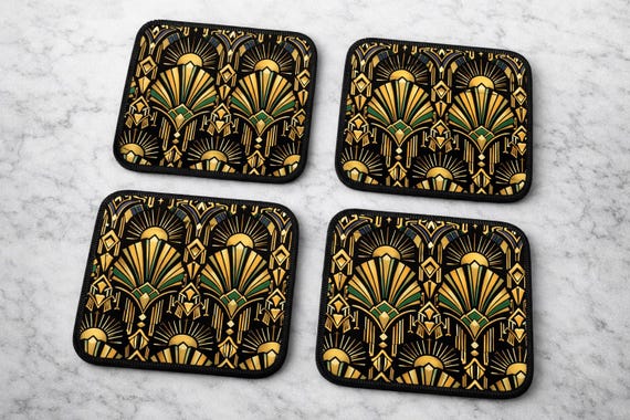 Art Deco Coasters – Set of 4 | Gold & Emerald Geometric Drinks Coasters | Vintage Inspired Home Decor