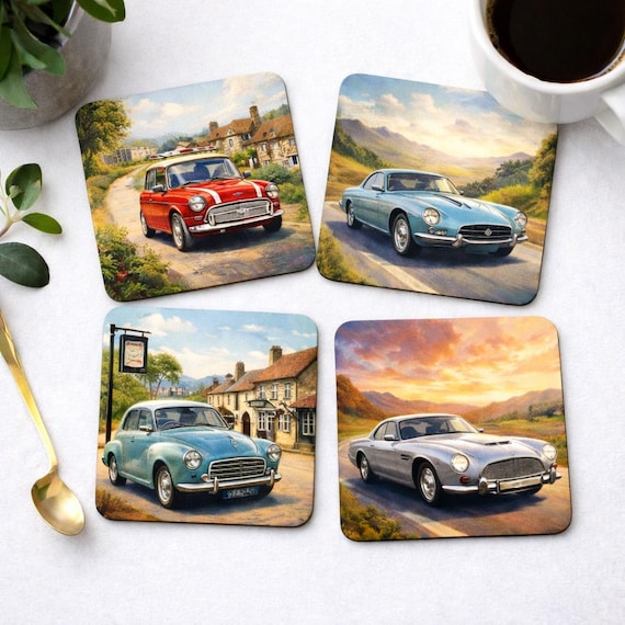 British Classic Car Coaster Set Mini Jaguar Aston Martin Morris Vintage Car Coasters